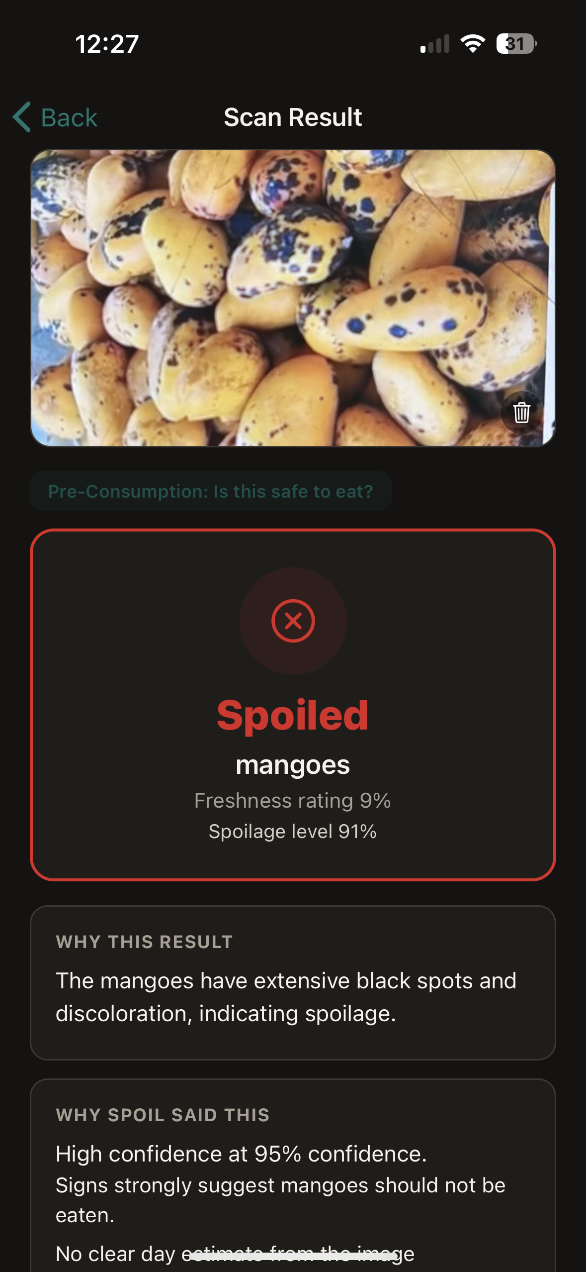 SPOIL scan result showing Spoiled verdict for mangoes